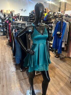 Sequin Hearts Teal Satin V-Neck Mini Dress